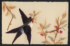 Echtfeder-Ansichtskarte Ein Vogel an einem Beerenstrauch, aus echten Federn