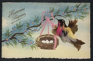 Echtfeder-Ansichtskarte Ein Vogel aus echten Federn an seinem Nest