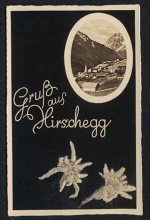 Trockenblumen-Ansichtskarte Hirschegg, Ortsansicht und echtes Edelweiss
