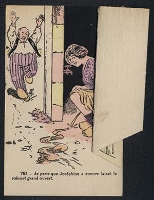 Mechanische-Ansichtskarte Eine Frau pinkelt hinter verschlossener Tür auf den Boden