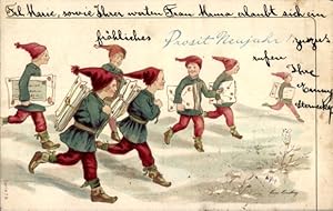 Litho Glückwunsch Neujahr, Kinder mit Briefen, Post, Rote Mützen