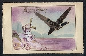 Echtfeder-Ansichtskarte Ein Vogel aus echten Federn fliegt an einer Windmühle vorbei