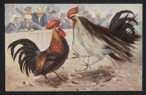 Echtfeder-Ansichtskarte Zwei Hähne beim Hahnenkampf, einer mit echten Federn