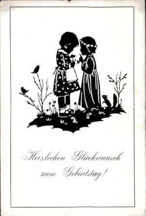 Scherenschnitt Ansichtskarte / Postkarte Glückwunsch Geburtstag, Kinder, Vögel, Blume