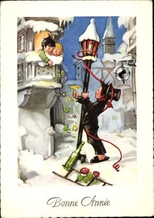 Ansichtskarte / Postkarte Glückwunsch Neujahr, Schornsteinfeger, Sektflasche, Glücksklee, Pilze