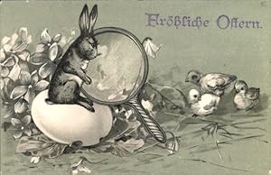 Litho Glückwunsch Ostern, Hase schaut durch eine Lupe, Küken, Ei