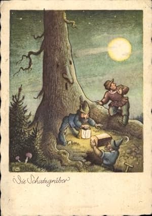 Mondschein Ansichtskarte / Postkarte Schatzgräber, Zwerge, Ausgegrabene Truhe