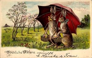 Präge Litho Glückwunsch Ostern, Zwei Hasen mit Körben und Regenschirm