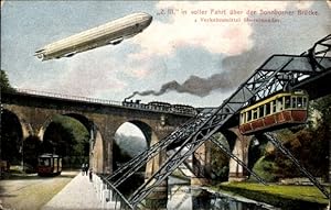 Ansichtskarte / Postkarte Elberfeld Wuppertal, Luftschiff Z III, Sonnborner Brücke, Schwebebahn, ...