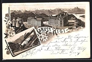Vorläufer-Lithographie Rigi, 1895, Blick auf das Hotel, Schnurtobelbrücke