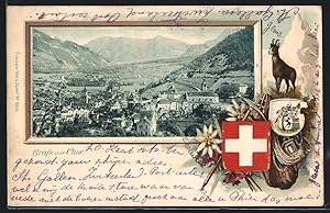 Passepartout-Lithographie Chur, Panorama im Rahmen, Wappen