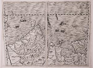 Bild des Verkufers fr Seconda tavola.[Venice], Ferrando Bertelli, 1565 [printed ca. 1570]. Engraved map of the Indian Ocean, Indian subcontinent and most of the Gulf region (28 x 39 cm; margins extended to 50 x 66.5 cm), at a scale of about 1:13,500,000 with north at the foot, with 3 sea monsters, a spouting whale and 3 ships in the ocean; and on the land elephants, lions and 2 people on horseback carrying spears. Although printed from a single copper plate, the present map image is divided into two parts, with a 7 mm gap between the right and left halves, so that nothing would be lost if the map were bound as a double-page plate. zum Verkauf von Antiquariaat FORUM BV
