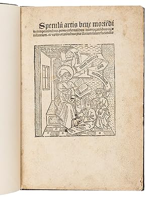 Imagen del vendedor de Speculu[m] artis bene morie[n]di [= Ars moriendi].[Cologne, Heinrich Quentell, ca. 1493/97]. Small (Chancery) 4to (20.5 x 14.5 cm). With a large woodcut (10.0 x 8.8 cm) on the title-page: depicting a teacher (Pope Gregory the Great ca. 600 CE, declared a saint in 1295) with a dove on his shoulder (his attribute), seated behind a lectern with an open book, instructing two of his pupils, seated before him, each with a book in his hands.Recent marbled paper over boards by the Geneva bookbinder Jean-Luc Honegger (b. 1953) who set up his atelier ca. 1978 (signed with his "honegger" stamp in blue ink at the foot of the back paste-down), sewn on 3 recessed supports, the marbled paper in an antique spot pattern (see Wolfe 162-163) with black spots on unusually fine-grained grey Stormont spots and with veins in red, turquoise, orange, dark blue and white, black morocco spine label with the title in gold roman capitals, reading up the spine. a la venta por Antiquariaat FORUM BV