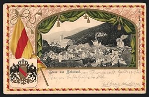 Passepartout-Lithographie Schiltach, Ortspartie mit Blick zur Kirche, Wappen