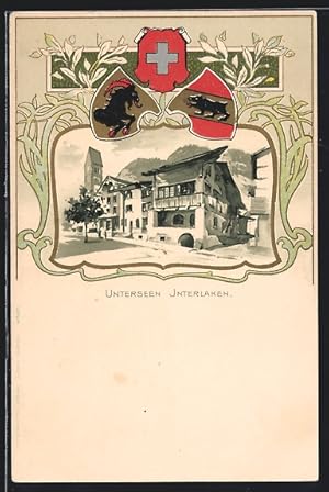 Lithographie Unterseen /Interlaken, Wohnhäuser und Kirche, Stadtwappen