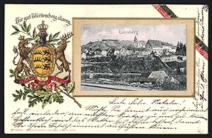 Passepartout-Lithographie Leonberg / Württ., Teilansicht der Ortschaft, Wappen
