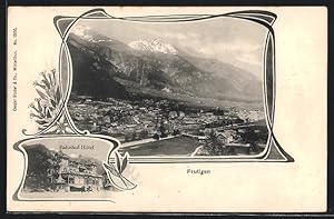 Ansichtskarte Frutigen, Bahnhof-Hotel, Ortsansicht gegen die Berge