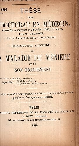 Seller image for Contribution  l'tude de la maladie de Mnire et de son traitement (thse soutenue devant Benjamin Ball & Cornil) for sale by PRISCA