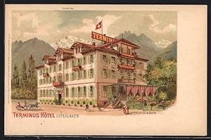 Lithographie Interlaken, Terminus Hotel, Hotel de la gare