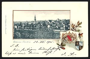 Passepartout-Lithographie Bretten, Blick auf die Ortschaft, Wappen