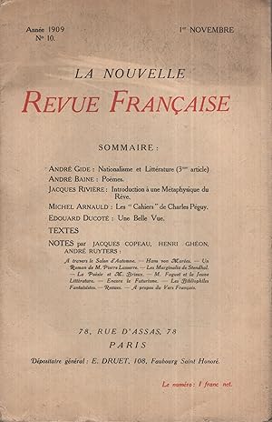 Image du vendeur pour La Nouvelle Revue Franaise Novembre 1909 N 10 mis en vente par PRISCA