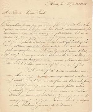 Une très importante lettre manuscrite de Xavier Sigaud à Scipion Pinel, (médecin français install...