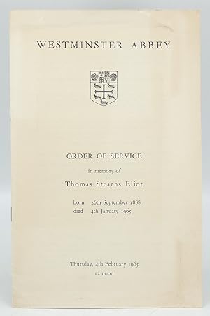 Westminster Abbey Order of Service in Memory of Thomas Stearns Eliot Born 26th September 1888, Di...