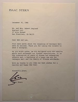 [Carnegie Hall] Typed Letters Signed (3) from Isaac Stern 1982-1987