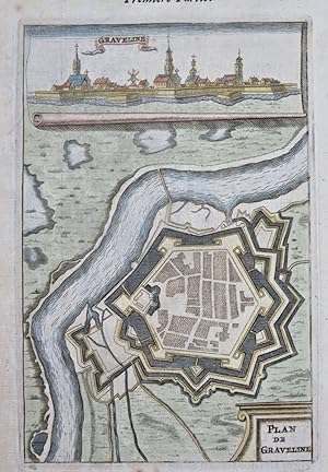 Gravelines France City Plan Fortifications 1672 Mallet map & prospect view