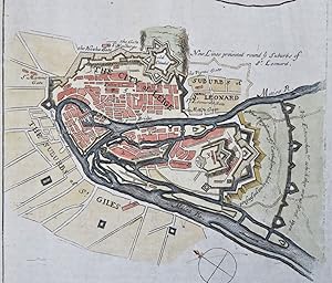 Leige Belgium Wallonia Meuse River c. 1720 engraved city plan decorative map