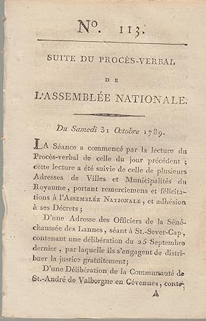 Imagen del vendedor de Suite du procs -Verbal de L'Assemble Nationale. Du Vendredi 31 Octobre 1789, au matin. N 113 a la venta por PRISCA