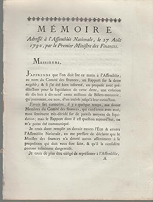 Imagen del vendedor de Mmoire adresse  l'Assemble Nationale, le 27 aot 1790, par le premier Ministre des Finances. a la venta por PRISCA