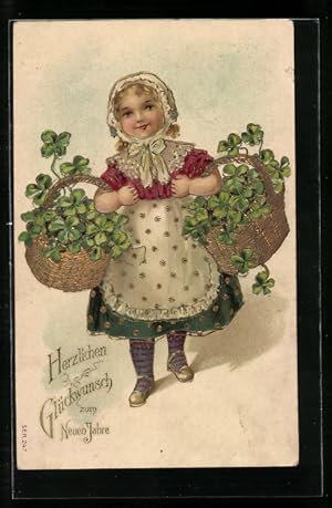 Ansichtskarte Junges Dienstmädchen trägt zwei Körbe voller Kleeblätter, Viel Glück im neuen Jahr