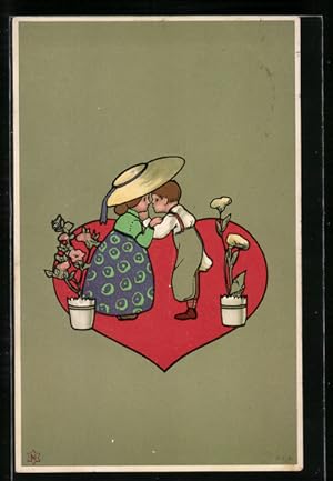 Bild des Verkufers fr Knstler-Ansichtskarte Valentinstag, Kleines Paar unter grossem Hut in einem Herzen zum Verkauf von Bartko-Reher