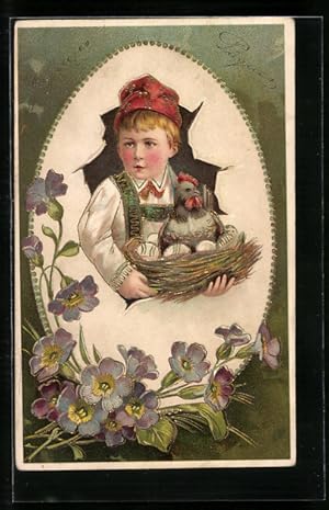 Ansichtskarte Junge mit Henne und Eiern im Arm