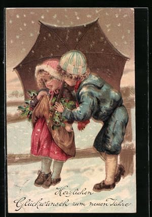 Ansichtskarte niedliches Kinderpaar unter grossem Schirm, Neujahrsgruss