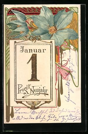Künstler-Ansichtskarte Kalender mit blauen Blumen stimmt Neujahr an
