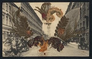 Trockenblumen-Ansichtskarte Petrograd, Strassenpartie im Zentrum, getrocknete Blumen