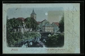 Mondschein-Ansichtskarte Pilsen, Prager Brücke und Wasserthurm