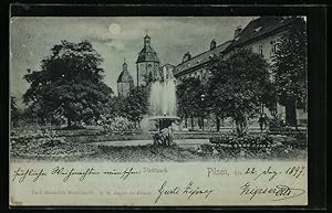 Mondschein-Ansichtskarte Pilsen, Stadtpark, Springbrunnen