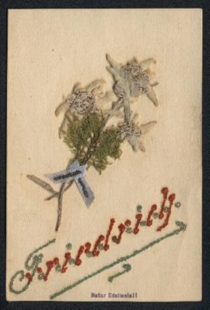 Trockenblumen-Ansichtskarte Getrocknetes Edelweiss, Name Friedrich in Glitzerperlenschrift