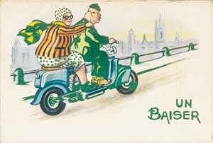 Stoff Ansichtskarte / Postkarte Ehepaar fährt Motorrad, Ausflug