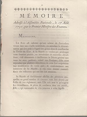 Imagen del vendedor de Mmoire adress  l'Assemble nationale, le 17 aot 1790, par le premier ministre des finances. a la venta por PRISCA
