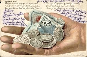 Litho Männliche Hand, Münzen, Geldschein