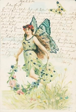 Glitzer Litho Frau mit Schmetterlingsflügeln, Wiese, Blumen