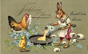 Präge Ansichtskarte / Postkarte Glückwunsch Ostern, Hase bäckt Eierkuchen, weinendes Huhn