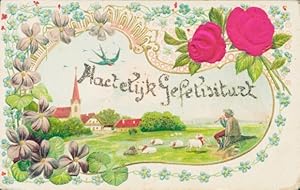 Präge Stoff Litho Glückwunsch, Blumen, Veilchen, Vergissmeinnicht