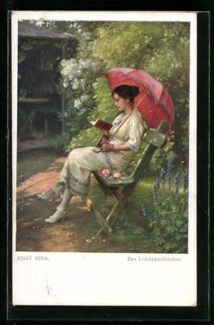 Bild des Verkufers fr Knstler-Ansichtskarte Josef Sss: Das Lieblingspltzchen, Junge Dame in Garten zum Verkauf von Bartko-Reher