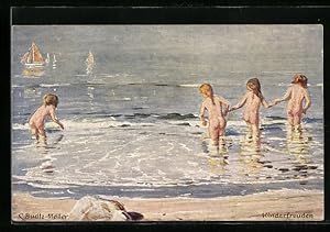 Bild des Verkufers fr Knstler-Ansichtskarte sign. C. Budtz-Moller: Kinderfreuden, Kinder spielen im Meer zum Verkauf von Bartko-Reher
