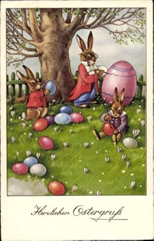 Ansichtskarte / Postkarte Glückwunsch Ostern, Osterhasen bemalen Eier
